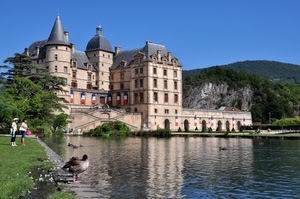 castello, lago, bandiere, anatra, acqua, alberi, persone, anatre