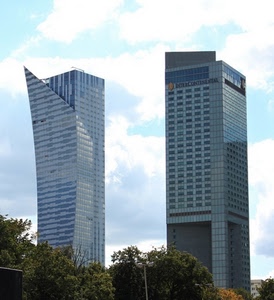 finestre, grattacieli, alberi, due, cielo, vetri, grattacielo, palazzi, piante