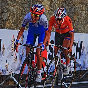 ciclisti, caschi, biciclette, blu, bicicletta, rosso, ciclismo, sport, salita