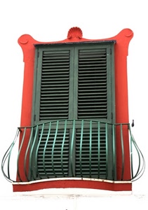 balcone, persiane, verde, ringhiera, rosso, finestra, cornice