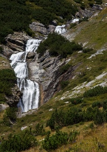 cascata, montagna, acqua, torrente, verde, cespugli, rocce, alberi, prato, roccia, cascate