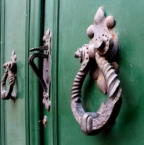 verde, porta, batacchi, ferro, battiporta, serratura, maniglia, legno, portone, batacchio
