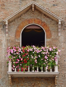 balcone, fiori, arco, finestra, mattoni, tetto, tettoia, piante