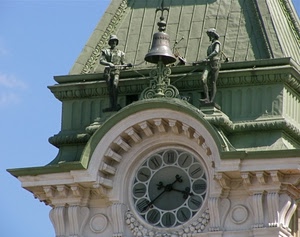campana, orologio, statue, verde, lancette, ore, torre
