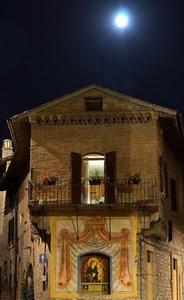 luna, balcone, notte, casa, madonna, finestra, fiori, affresco