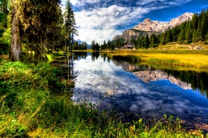 lago, alberi, montagna, riflesso, fiume, nuvole, panorama, riflessi, montagne