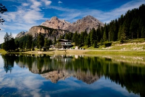 lago, riflesso, montagna, alberi, acqua, cielo, abeti