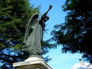 alberi, angelo, ali, statua, verde, marmo, cupola, piedistallo, ala, mano, cielo, monumento, bronzo, azzurro, braccio, scultura, rami