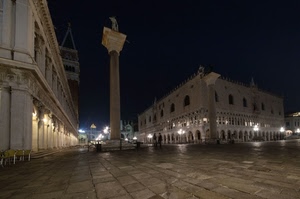 piazza, venezia, notte, colonna, campanile, colonne, palazzo, luci, notturno