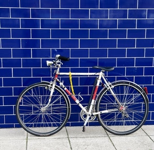 blu, bicicletta, piastrelle, ruote, pedali, bici, muro