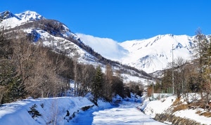 alberi, neve, cielo, montagna, strada, montagne, bianco, inverno, azzurro, bosco, paesaggio, rami