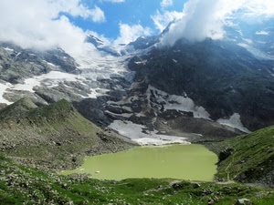 nuvole, lago, montagne, neve, verde, montagna, panorama, valle, roccia, cielo