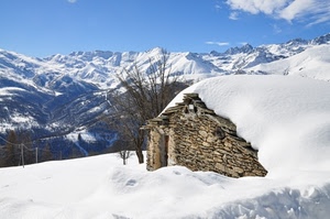 neve, cielo, montagna, inverno, montagne, nuvole, alberi, baita, casa, pietre, cime, rifugio, albero, bianco, bianca, capanna