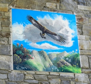 murales, aquila, muro, montagne, pietre, montagna, murale, nuvole, uccello