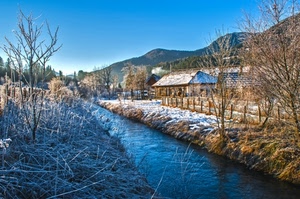 neve, inverno, acqua, canale, alberi, case, montagna, torrente, gelo, brina, ruscello