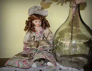 bambola, vetro, vestito, bottiglia, cappello, giocattolo, fiori, vaso