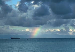arcobaleno, mare, nuvole, cielo, nave, barca, acqua