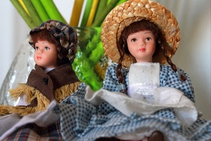 bambole, due, cappelli, vestiti, trecce, giocattolo, giocattoli, cappello, verde, bianco