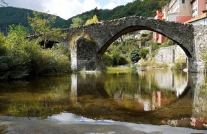 ponte, riflesso, acqua, fiume, arco, pietra, alberi