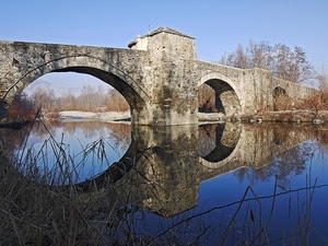 ponte, fiume, riflesso, acqua, archi, arcate, cielo