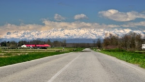 strada, neve, nuvole, montagne, alberi, montagna, cielo, panorama