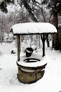 secchio, pozzo, neve, alberi, rete, bianco, tettoia, catena, inverno, tetto, legno