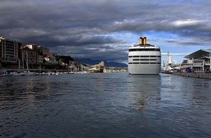 nuvole, nave, mare, porto, barche, acqua, cielo, palazzi