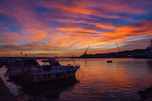 tramonto, cielo, barche, gru, rosso, porto, acqua, nuvole, mare, riflessi, natanti, alba, barca, riflesso, arancione