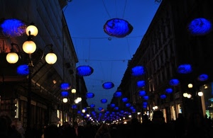 lampioni, blu, luci, notte, luminarie, strada, via, sera, decorazioni, palazzi