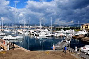 porto, barche, nuvole, mare, cielo, pontile, bianco