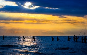 mare, pescatori, nuvole, tramonto, acqua, cielo, controluce, pesca, riflesso