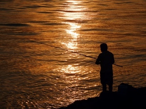pescatore, mare, canna, riflesso, acqua, tramonto, controluce, pesca, riflessi, sole, oro, pescare, alba