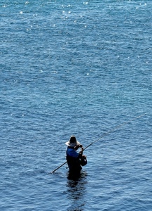pescatore, mare, acqua, canna, cappello, pesca, azzurro, pescare, uomo, onde