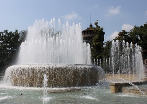 acqua, fontana, zampilli, alberi, torre, cielo, milano