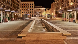 piazza, fontana, notte, acqua, zampilli, palazzi, lampioni, notturno