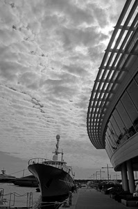 nuvole, nave, bianconero, porto, cielo, molo, acqua, mare, ponte, barca, imbarcazioni