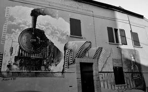 murales, treno, finestre, bianconero, locomotiva, casa, palazzo