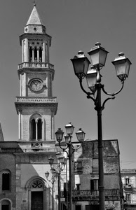 lampioni, campanile, orologio, bianconero, chiesa