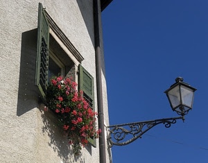 finestra, lampione, fiori, cielo, gerani, persiane, ombra