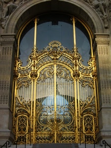 cancello, oro, arco, scale, riflesso, vetrata, giallo, chiuso, vetro