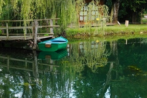 barca, riflesso, alberi, acqua, lago, verde, pontile, ponte, riflessi