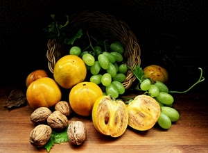 uva, noci, frutta, cesto, verde, cibo, chicchi, giallo, acini, cachi, natura, composizione