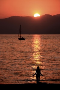 tramonto, barca, mare, sole, controluce, lago, riflesso