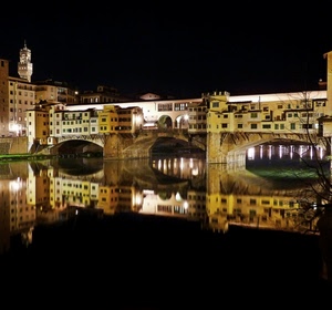 ponte, riflesso, fiume, firenze, luci, notturno, notte, acqua
