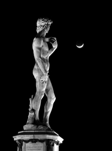 luna, statua, notte, bianconero, monumento, david, marmo