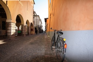 bicicletta, strada, archi, muro, portici, vicolo, portico