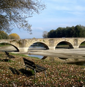 ponte, panchine, fiume, foglie, archi, alberi, acqua, panchina, due