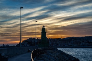 faro, mare, lampioni, tramonto, nuvole, cielo, molo, controluce, strada, panorama, porto