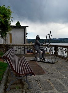 panchina, statua, pittore, nuvole, cielo, mare, acqua, balaustra, casa, terrazzo