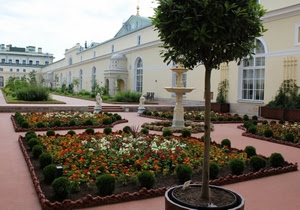 fiori, aiuole, giardino, albero, palazzo, finestre, piante, fontana, alberi, cortile